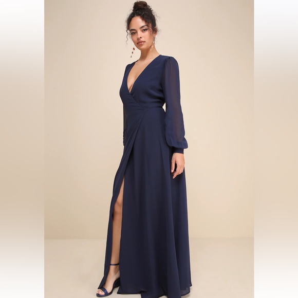 Lulus My Whole Heart Dark Navy Blue Long Sleeve Wrap Dress Size Large New! - Picture 1 of 15